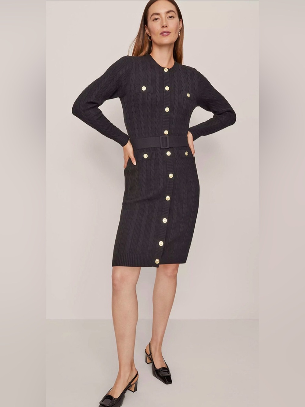 NEW ANN TAYLOR BLACK BELTED CABLE SWEATER DRESS SZ XXS